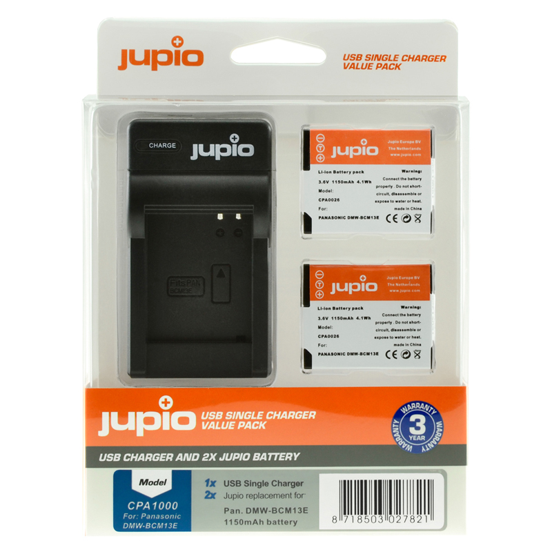 Jupio 2x Panasonic DMW-BCM13E Battery + Single USB Charger Kit