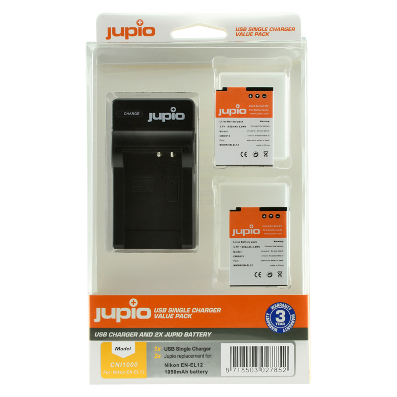 Jupio 2x Nikon EN-EL12 Battery + Single USB Charger Kit