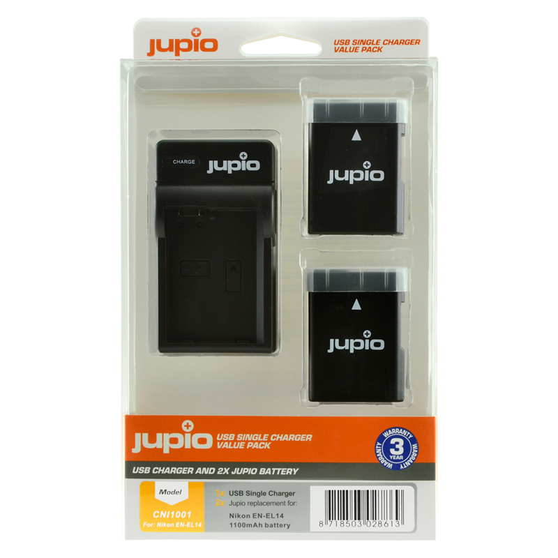 Jupio 2x Nikon EN-EL14 / EN-EL14A Battery + Single USB Charger Kit