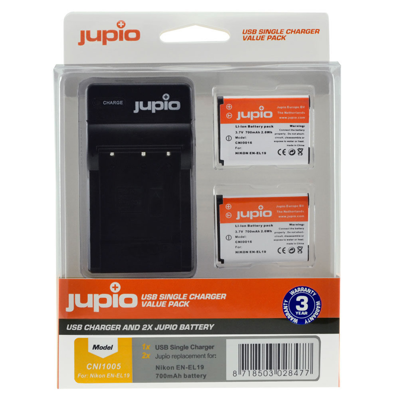 Jupio 2x Nikon EN-EL19 Battery + Single USB Charger Kit