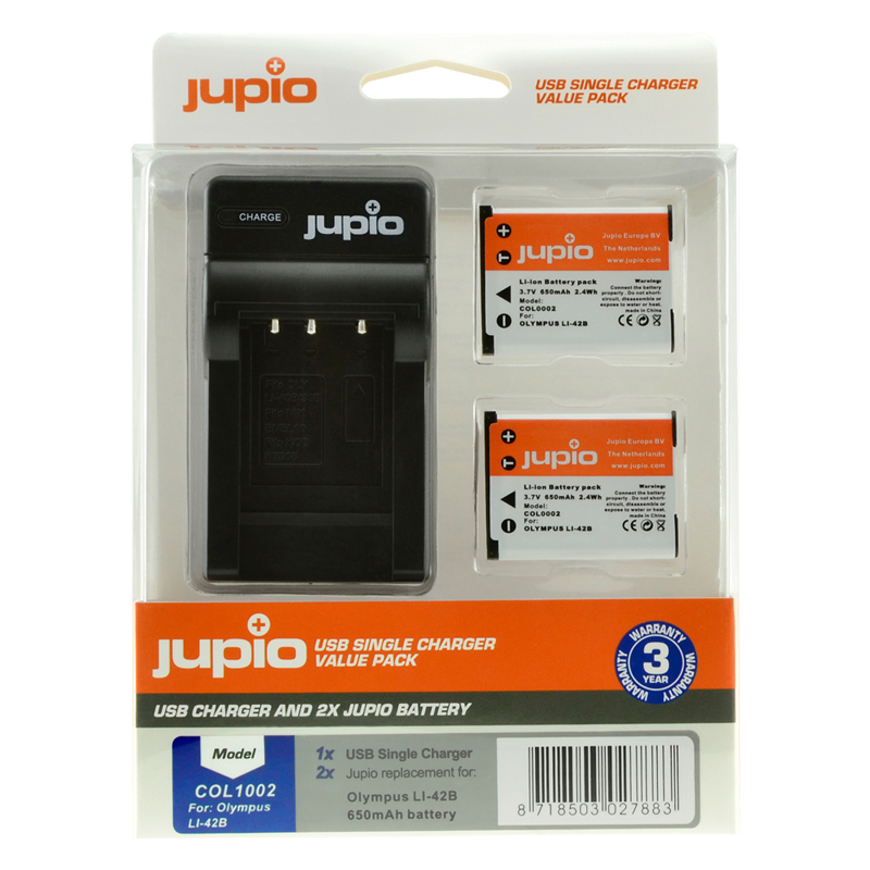 Jupio 2x Olympus Li-40B/Li-42B/Fujifilm NP45/Pentax D-Li63/Nikon EN-EL10 Battery + Single USB Charger Kit