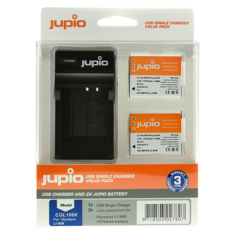 Jupio 2x Olympus Li-90B/Li-92B Battery + Single USB Charger Kit