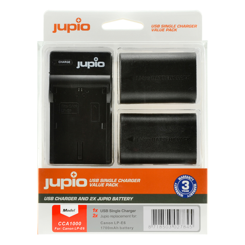 Jupio 2x Canon LP-E6 Battery + Single USB Charger Kit