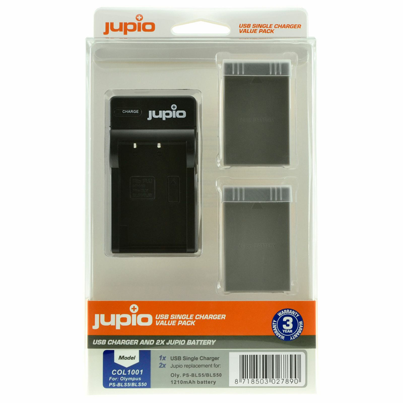 Jupio 2x Olympus PS-BLS5 / PS-BLS50 Battery + Single USB Charger Kit