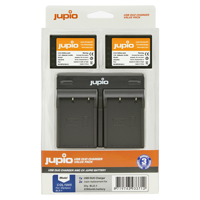 Jupio 2x Olympus BLX-1 Camera Batteries & Dual Charger Kit