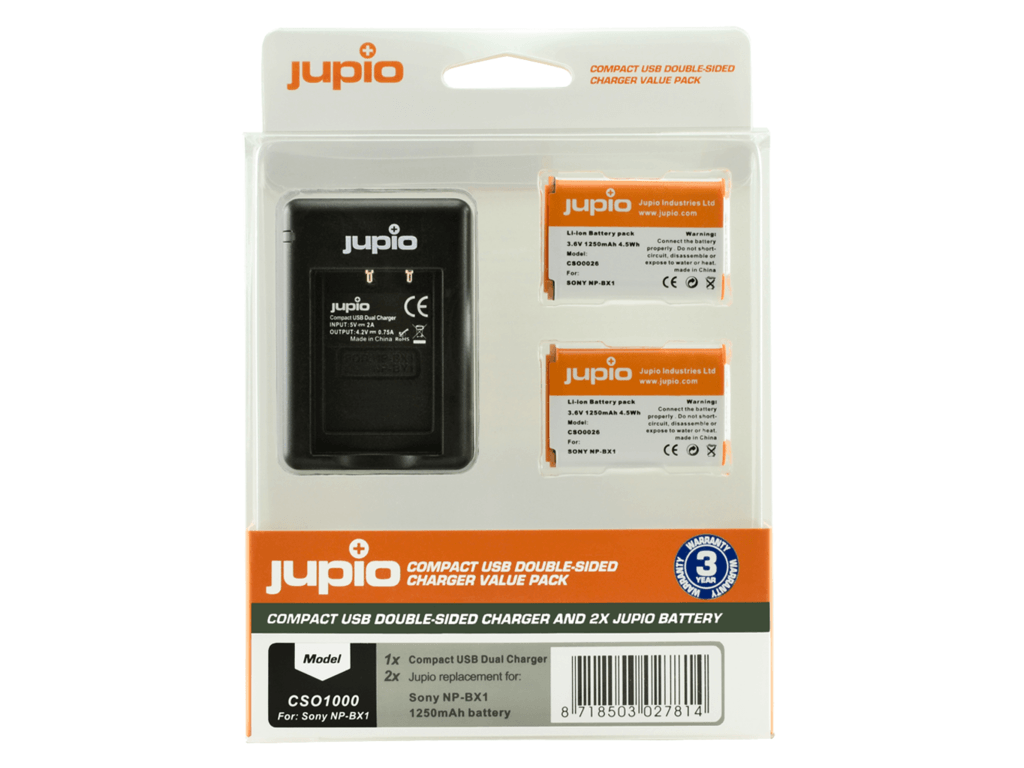 Jupio 2x Sony NP-BX1 Battery + Compact USB Double-Sided Charger