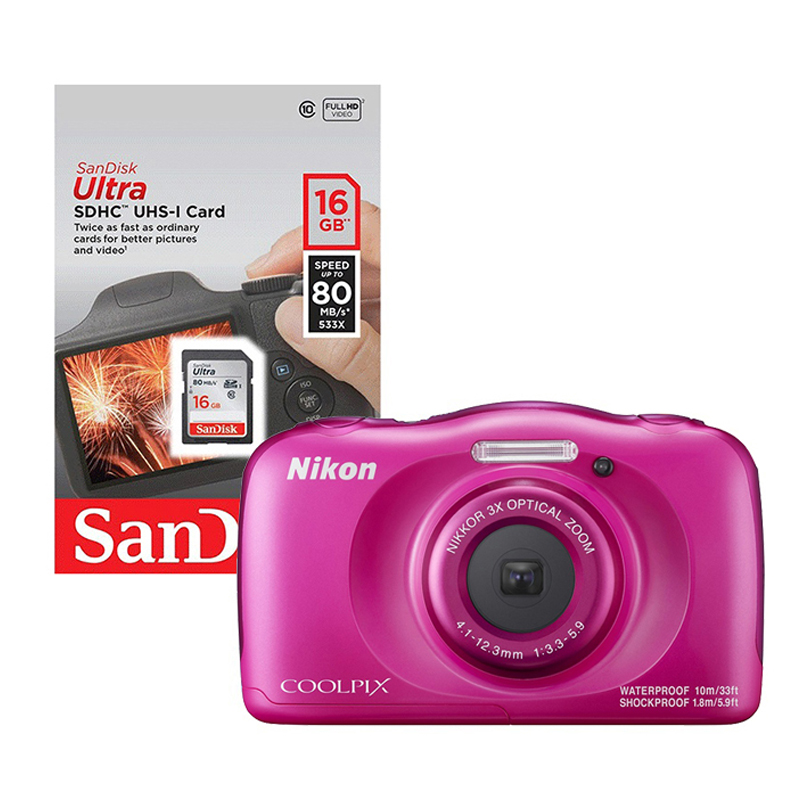 Nikon Coolpix W100 Waterproof Compact Camera + BONUS 16GB Card (Pink)