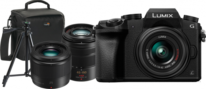 Panasonic G7 w/14-42mm, 45-150mm & 25mm f1.7 Triple Lens Kit + BONUS Tripod & Bag
