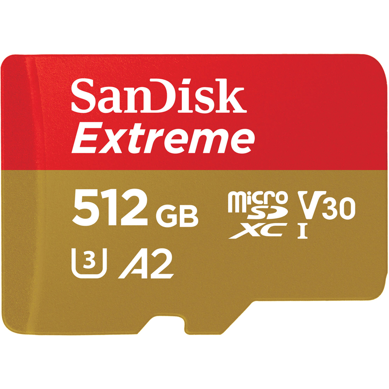 SanDisk Extreme microSDXC 512GB 190MB/s R 130MB/s W UHS-I U3 C10 V30 A2 Card