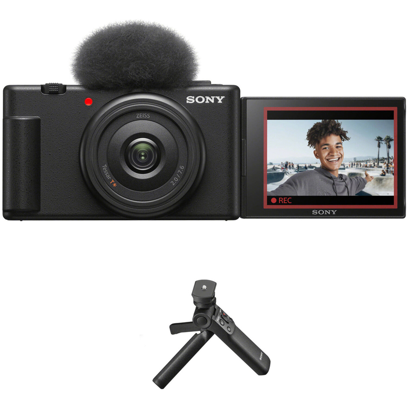 Sony ZV-1F Black Digital Vlog Camera w/ Sony GPVPT2BT Bluetooth Shooting Grip - Black