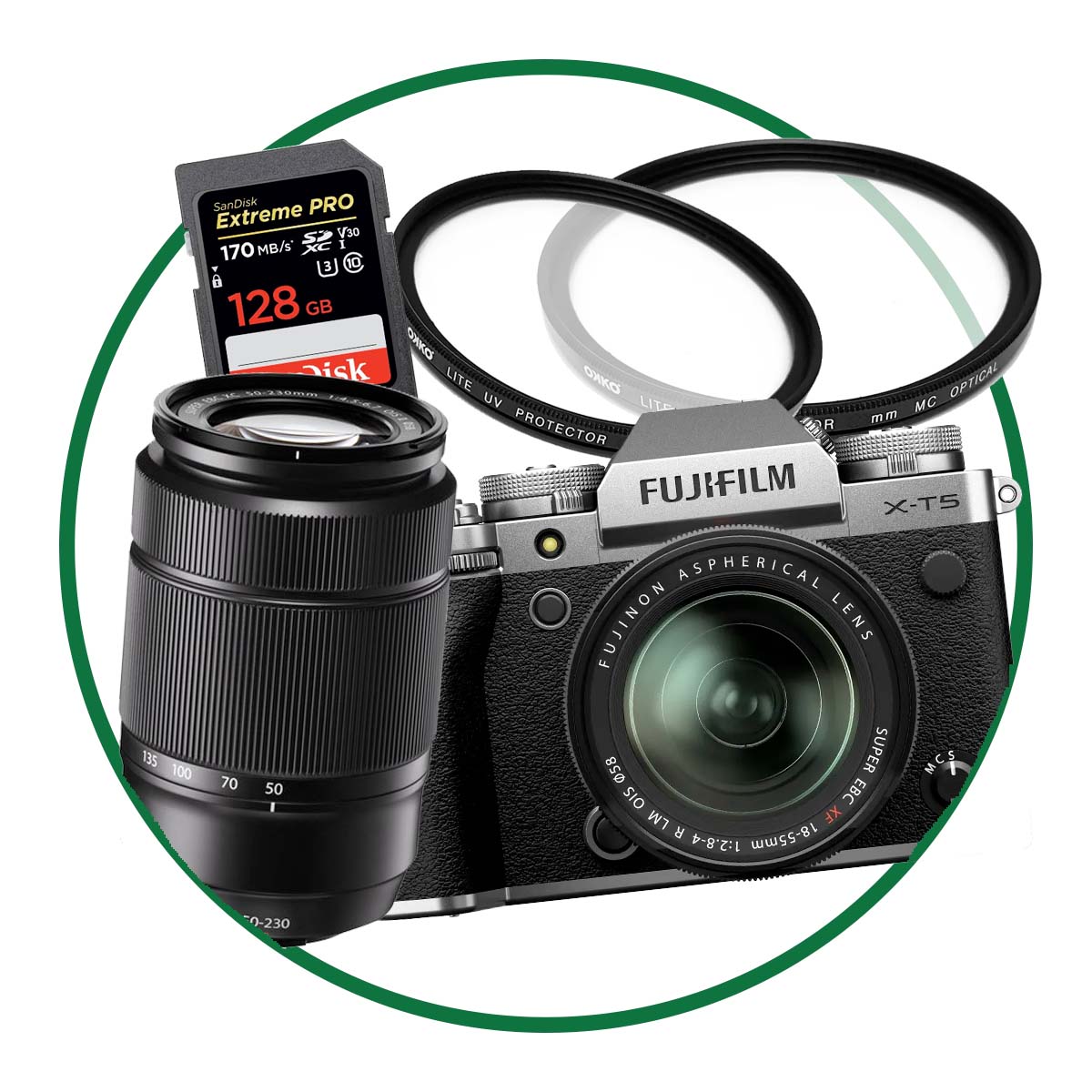 FujiFilm X-T5 Silver TWIN Bundle w/ XF 18-55mm + XC 50-230 + 128GB